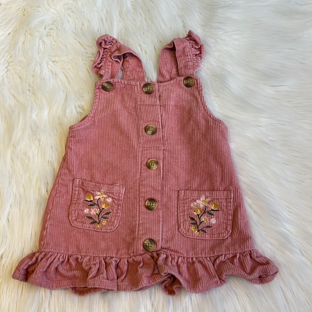 Pink Corduroy Dress Floral Embroidery, Pockets, Ruffles Size 4T - Picture 1 of 8